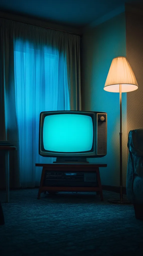 Here's a description of the image:

The image shows a dimly lit room, bathed in a cool, blue hue.  A vintage television set with a bright turquoise screen sits on a low wooden table.  A floor lamp with a wide, off-white shade illuminates the scene, casting a warm glow against the cool tones of the room.  Sheer, teal-tinged curtains hang at the window, partially obscuring the outside view.  A portion of a dark-colored armchair is visible in the lower right corner. The overall mood is nostalgic and somewhat melancholic.