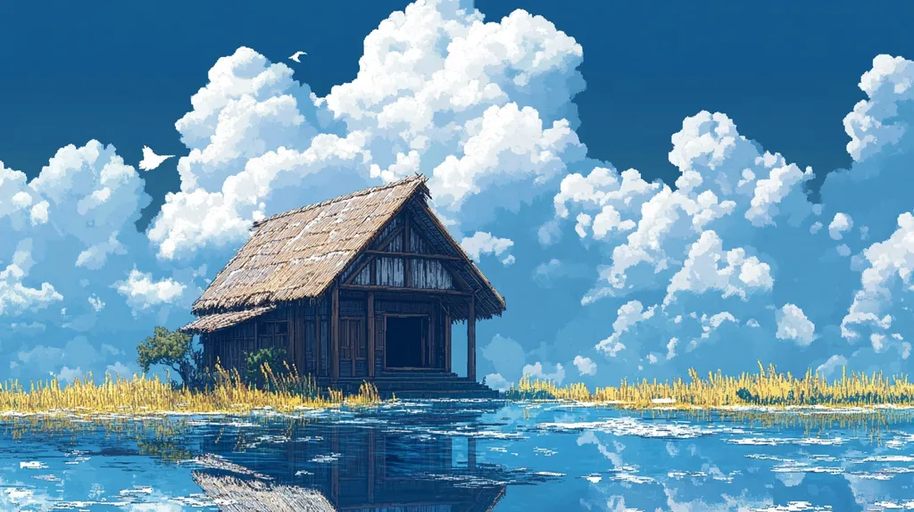 A serene digital painting depicts a rustic wooden house with a thatched roof, situated on a small island amidst a calm, reflective body of water.  Tall grasses surround the house, and fluffy white clouds dominate a clear blue sky. Two small white birds are visible in the sky, adding to the peaceful, idyllic atmosphere. The scene's style is reminiscent of pixel art, with a distinct blocky yet soft rendering of textures and light. The overall impression is one of tranquility and solitude.