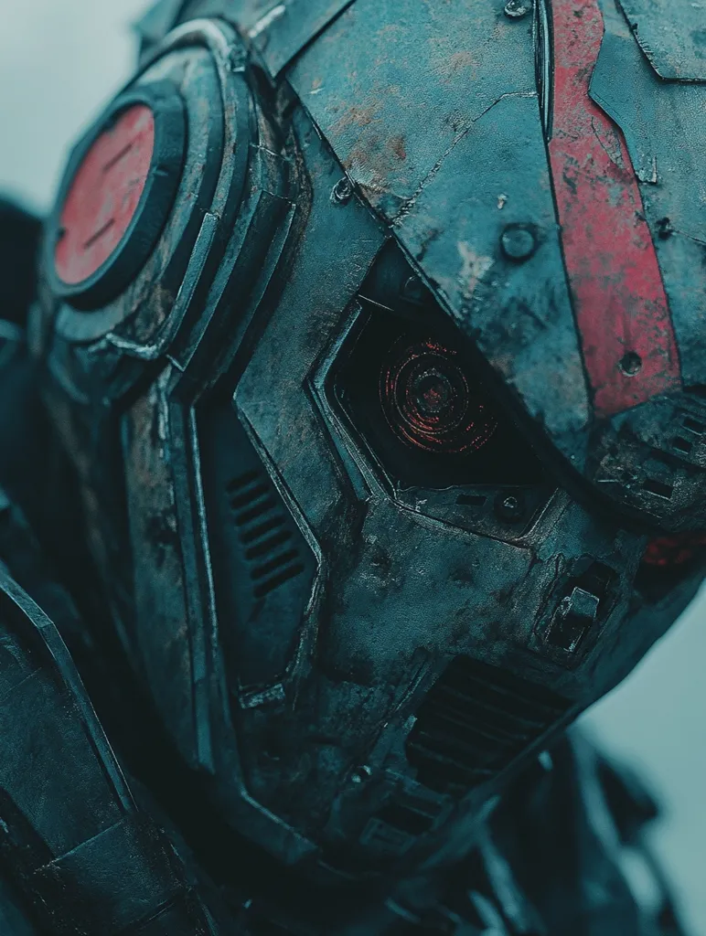 Close-up view of a weathered, metallic robot or cyborg helmet.  The helmet is predominantly dark teal and gray, showing signs of significant wear and damage.  A red circular detail is visible on the side, and a glowing red eye-like sensor is centrally located.  The texture is rough and heavily scratched, suggesting a battle-worn or post-apocalyptic aesthetic. The overall impression is one of gritty, futuristic science fiction.