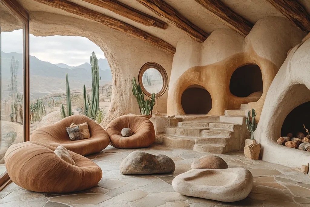 Here's a description of the image:

The image showcases a stunning living space nestled within a unique, organic structure. The architecture is earthy and cave-like, with curved walls of beige and light ochre plaster featuring alcoves and niches. Large, rustic wooden beams support the ceiling.  Large windows offer a panoramic view of a desert landscape dotted with cacti and mountains.  The interior is furnished with organic-shaped, tan-colored sofas and poufs, complemented by smooth, light-colored stone coffee tables. The overall aesthetic is serene, minimalist, and blends seamlessly with the natural surroundings.  A fireplace is partially visible, adding to the cozy feel.