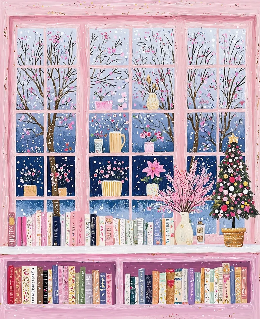 A whimsical illustration depicts a pink window seat brimming with books.  A large, multi-paned window shows a snowy scene outside with delicate pink blossoms on the trees. Inside, pink flowers and a small decorated Christmas tree add to the cozy, festive ambiance.  The scene is painted in a soft, pastel palette, creating a peaceful and charming winter setting. The books are colorful and varied, hinting at a love of reading.