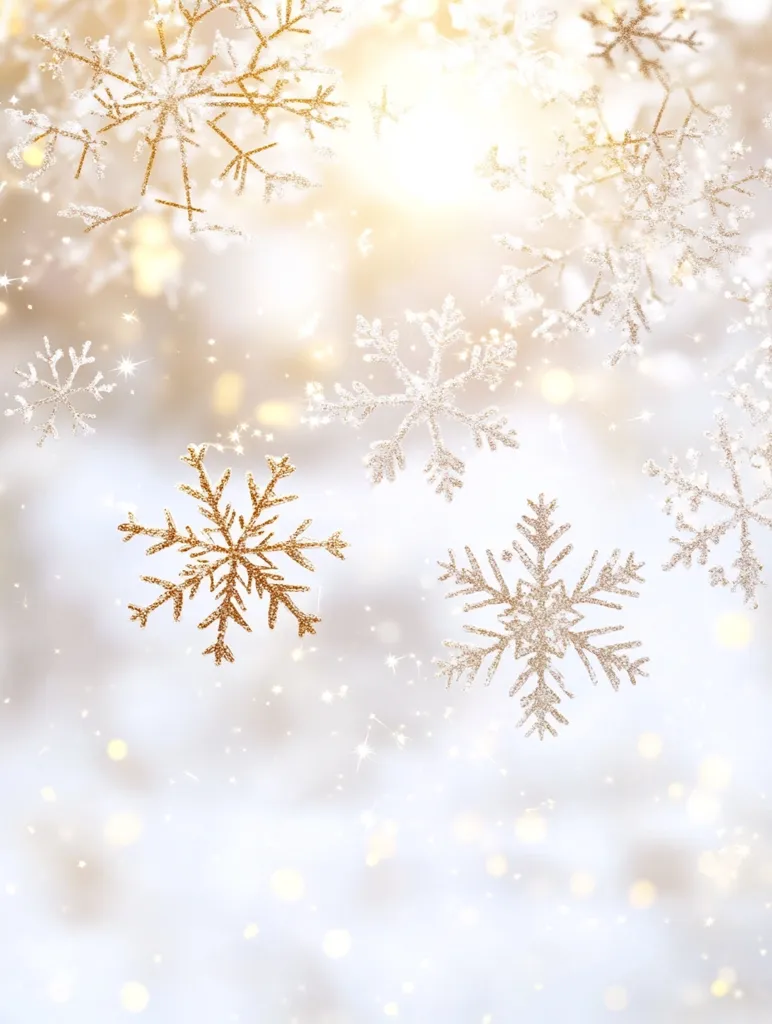 Here's a description of the image:

The image is a festive winter scene featuring numerous glittering snowflakes against a softly blurred, light-colored background.  The snowflakes are primarily silver and gold, with a subtle shimmer suggesting glitter. They are of varying sizes and are scattered across the frame, creating a sense of depth and movement.  The background is a dreamy blend of white and pale gold, with bokeh effects creating a sparkling, light-filled atmosphere evocative of a snowy day or a winter wonderland.  The overall impression is one of elegance, serenity, and holiday cheer.