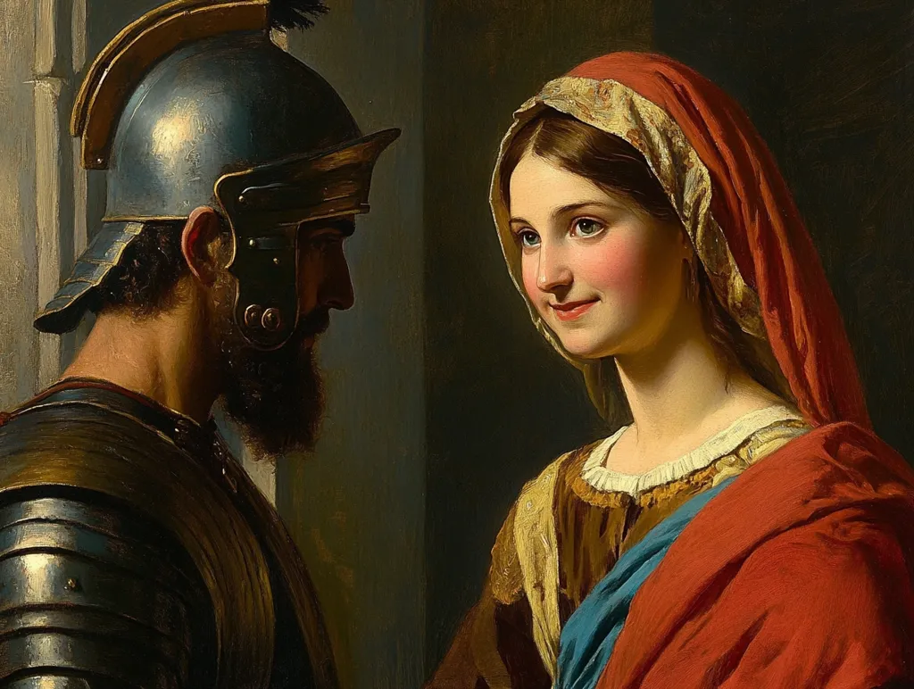 The painting depicts a Roman soldier in profile, his face partially obscured by his helmet and beard, gazing toward a young woman. She is dressed in a reddish-brown robe with a lighter-colored undergarment and a hint of blue fabric.  Her head is covered with a red veil, and she looks directly at the viewer, her expression serene and slightly coy. The dark background and the contrast between the soldier's armor and the woman's soft clothing create a dramatic and intimate mood. The style suggests a classical or neoclassical approach to portraiture.