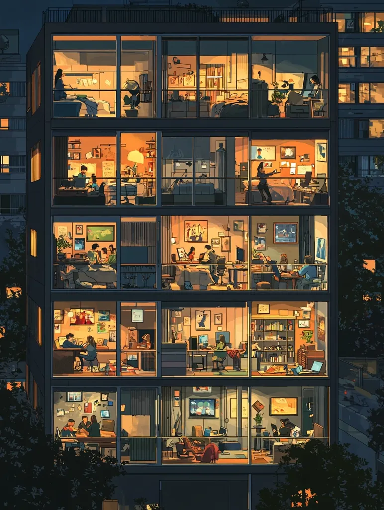 Here's a description of the image:

The illustration depicts a multi-story apartment building at night, viewed as a cutaway showing the interior of each apartment.  Each unit is uniquely furnished and inhabited by individuals or small groups engaged in various activities—working on computers, reading, socializing, or relaxing. Warm, inviting light emanates from within each apartment, contrasting with the dark exterior.  The style is reminiscent of a stylized cityscape, with a focus on the domestic lives of the building's occupants.  The overall effect is peaceful and slightly melancholic, suggesting a sense of quiet intimacy within a bustling urban environment.