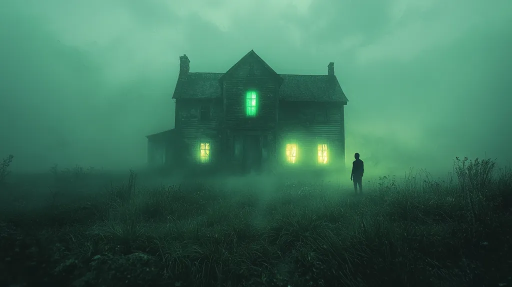 A solitary figure stands in a misty field, gazing at a large, ominous house.  The house is dark, weathered wood, with a few eerily glowing windows casting a greenish light.  Thick fog obscures the surroundings, creating a sense of mystery and unease. The overall atmosphere is eerie and suggestive of a haunted location or a suspenseful narrative. The scene is shrouded in a dark, almost supernatural green hue.