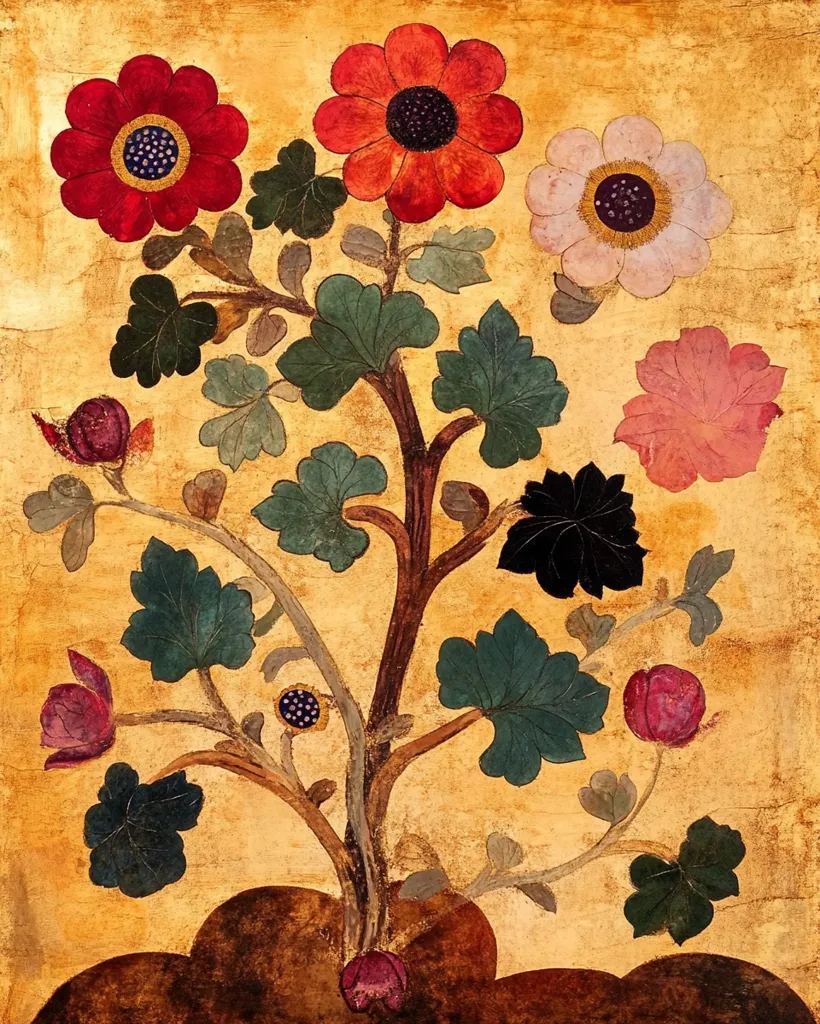 This artwork depicts a stylized floral arrangement on a gold background.  A central, dark brown stem supports various blooms in shades of red, pink, white, and black, along with teal-green leaves. The flowers are depicted with a flat, almost graphic quality, and the overall style suggests a folk art or possibly decorative painting tradition.  The gold background adds a richness and texture to the piece. The flowers are densely clustered on the branches, creating a visually full and vibrant composition. The style is reminiscent of traditional Asian artwork, possibly Korean or Tibetan.