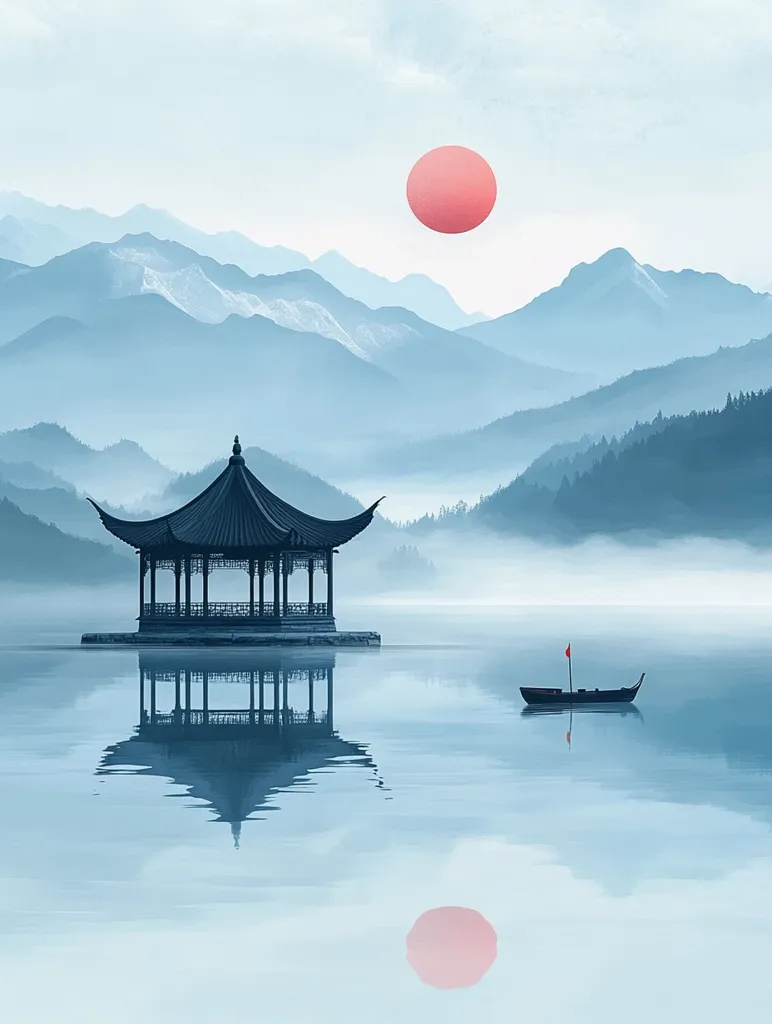 A serene landscape painting depicts a tranquil lake reflecting a traditional Chinese pavilion and misty mountains.  A small boat floats peacefully on the water.  A stylized, pale pink sun hangs in the sky above the bluish-grey mountain range, creating a calming and almost ethereal atmosphere. The overall impression is one of quiet beauty and tranquility, suggestive of a classical East Asian aesthetic.