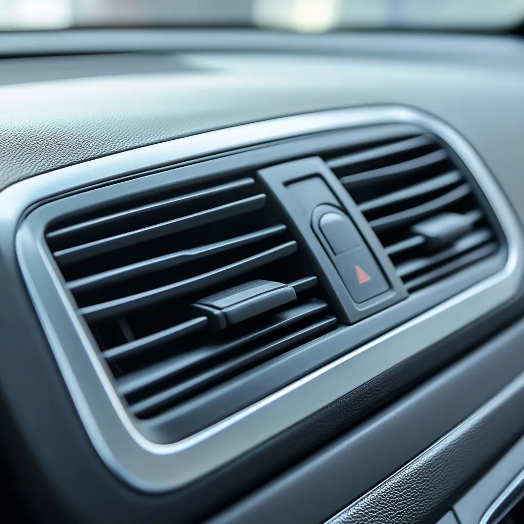 Close-up view of a car's air conditioning vent.  The vent is rectangular with numerous parallel slats, allowing for airflow adjustment.  It's embedded in the dark gray dashboard, accented with a silver trim.  Small buttons or controls are visible near the vent, suggesting climate control functionality. The image focuses on the texture and detail of the vent, emphasizing its sleek, modern design.