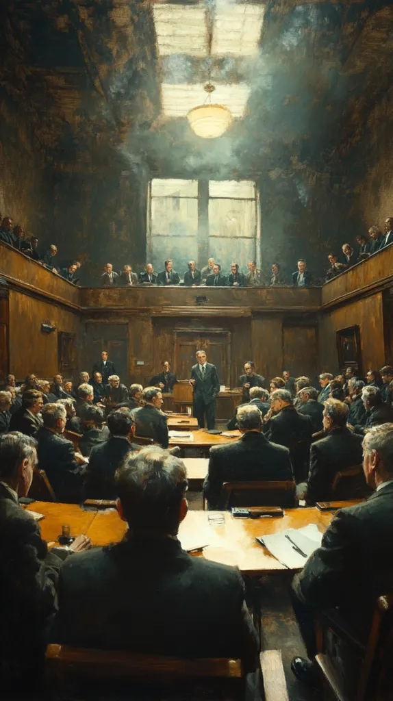 The painting depicts a formal setting, possibly a courtroom or legislative chamber.  A man in a suit stands at a podium addressing a large group of seated men in dark suits. The room is dimly lit, with light streaming from a high, arched window, illuminating the speaker and the attentive audience.  A gallery above holds additional onlookers, adding depth and suggesting a significant event unfolds. The overall mood is serious and contemplative, capturing a moment of intense focus and deliberation. The style is realistic with impasto techniques giving a textured effect to the scene.