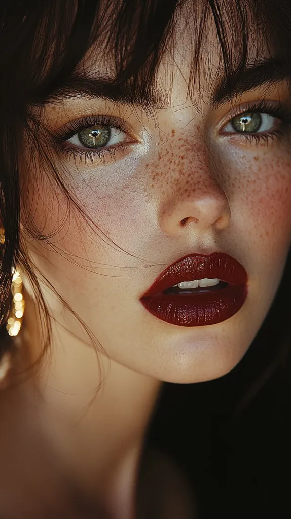 Close-up of a young woman with dark brown hair, cut in a fringe.  Her face is adorned with freckles, and she's wearing makeup featuring a dramatic, dark red lipstick and subtly highlighted eyes.  The lighting emphasizes her features, creating a soft yet intense gaze. She wears delicate gold hoop earrings, partially visible. The overall aesthetic is moody and glamorous.