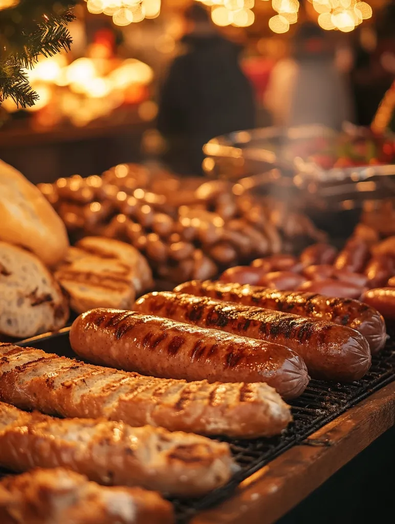 Here's a description of the image:

A close-up shot focuses on a sizzling array of grilled sausages and bread at an outdoor market, possibly a Christmas market.  The sausages are plump and juicy, marked with grill lines, and arranged on a metal grate.  Sliced bread, also grilled, sits alongside, suggesting a delicious meal. The background is softly blurred, showcasing warm-toned bokeh lights suggesting a festive, bustling atmosphere, indicative of a holiday market or fair. The overall mood is warm, inviting and appetizing.