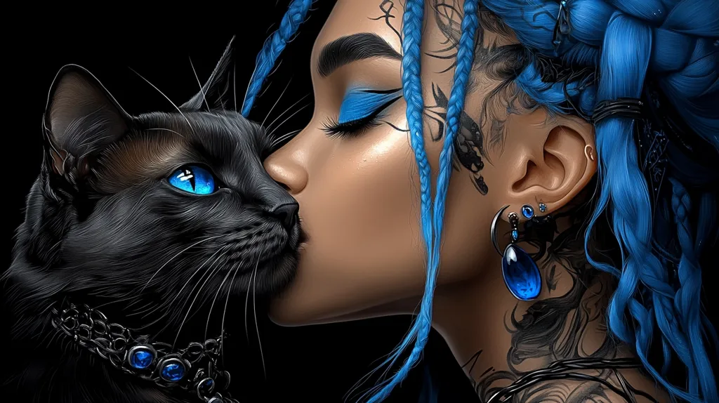 Here's a description of the image:

The digital artwork shows a close-up of a young woman with vibrant blue braided hair and intricate tattoos on her face and neck, gently nuzzling a black cat with striking blue eyes.  Both the woman and the cat share a similar shade of blue in their eyes and adornments. The woman wears dangling blue gemstone earrings and the cat has a dark, ornate collar with blue gems. The overall style is dark, fantasy-like, and highly detailed, suggesting a mystical or magical connection between the woman and her feline companion.  The contrast between the dark fur and the bright blue hair creates a visually striking effect.