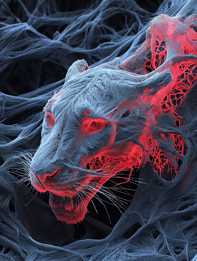 Here's a description of the image:

The image presents a striking, abstract rendering of a feline head seemingly encased within or emerging from a complex network of interwoven, fibrous structures.  The overall color palette is a cool grey-blue, contrasted by vibrant red accents highlighting the internal network and details of the feline's face.  The intricate detail and textural quality give the impression of a microscopic view, possibly of a biological or organic structure. The contrast between the smooth curves of the animal's form and the sharp lines of the web-like network is visually compelling. The overall effect is both beautiful and slightly unsettling.