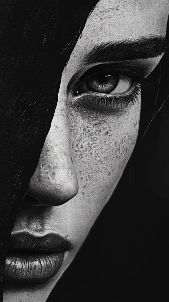 Here is a description of the image:

The monochromatic artwork showcases a close-up of a woman's face, partially obscured by a dark, textured element that resembles a veil or shadow, covering the left side of her face. Her eye, sharply defined with long lashes, is visible, alongside her nose, lips, and part of her cheek.  The skin texture is highly detailed, showing freckles and subtle nuances of light and shadow. The overall style is realistic with a focus on contrast and texture.  The dark background intensifies the focus on the woman's features.