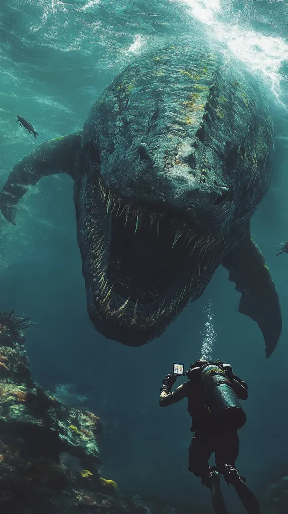 Here's a description of the image:

A diver, silhouetted against a deep teal ocean, encounters a colossal, monstrous fish. The fish, a dark, textured creature with a gaping maw filled with sharp teeth, dominates the frame.  Its immense size dwarfs the diver, who appears small and vulnerable as they hold a device, seemingly capturing the moment. The underwater scene is dramatic, with a rocky reef partially visible in the bottom left corner. The overall atmosphere is one of awe and a palpable sense of danger.