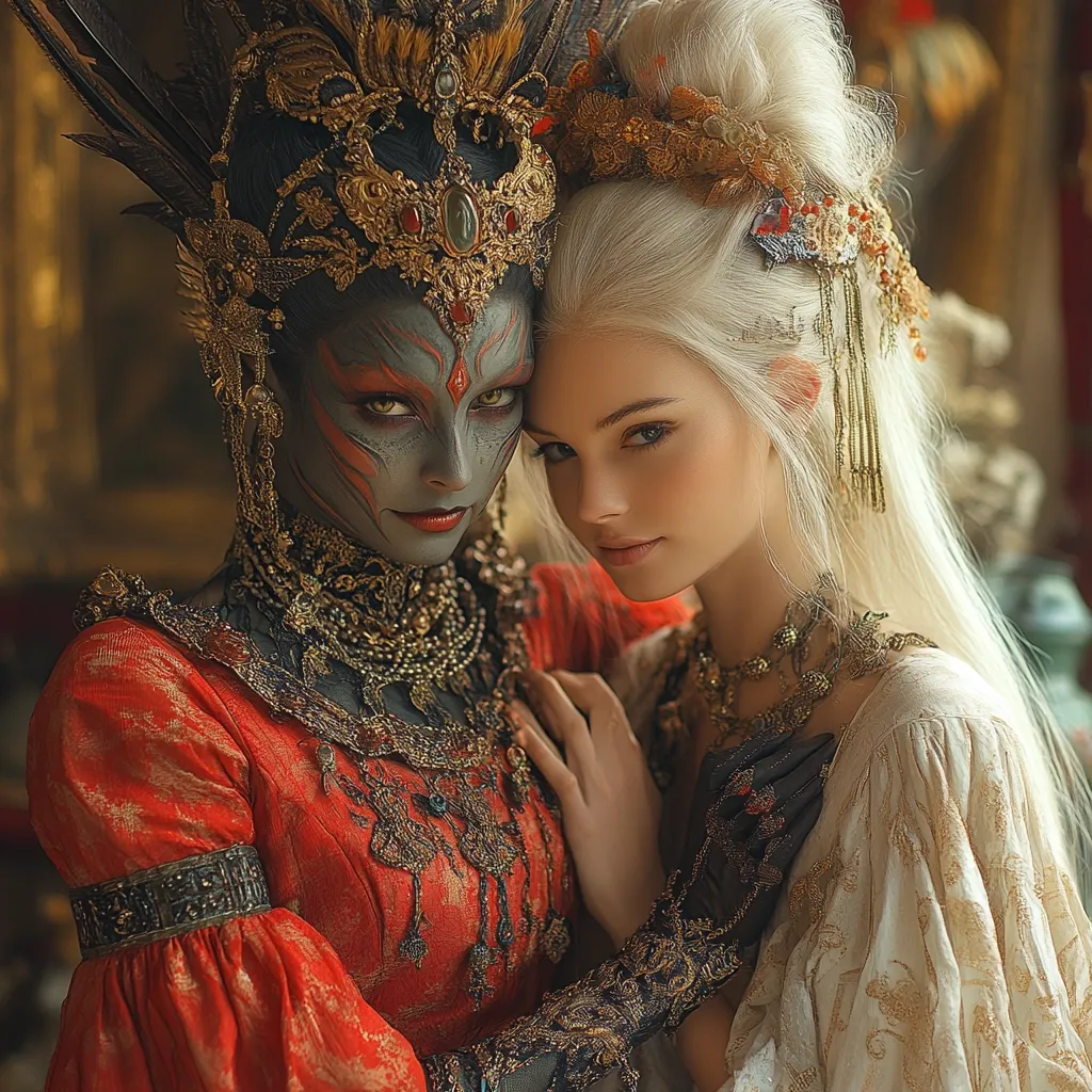 Here's a description of the image:

The photograph showcases two women in elaborate costumes, intimately posed against a dimly lit, ornate backdrop. One woman, with striking grey skin and orange-red markings, wears a vibrant red gown and a magnificent gold headdress adorned with feathers. Her companion is a blonde woman with long hair, dressed in a creamy white gown and a smaller, elegant golden headdress. They embrace, their expressions conveying a sense of shared connection or perhaps a story of contrasting beauty and power. The rich textures of the clothing and the intricate details of the jewelry add to the fantasy-like quality of the image.