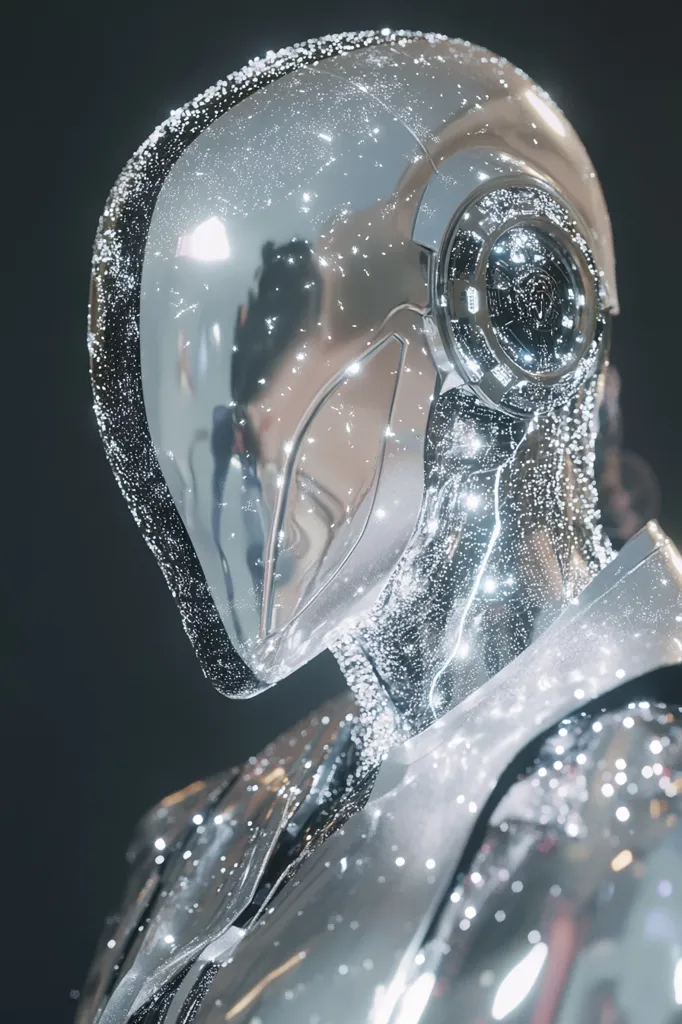 Close-up view of a futuristic, chrome-like robot's head and shoulders.  The surface is highly reflective, showing subtle distortions and appearing almost wet, with tiny particles clinging to it, possibly water droplets or nanites.  The robot's design is sleek and smooth, with visible mechanical details around the head and neck area. The overall mood is one of technological advancement and a hint of mystery. The dark background emphasizes the robot's metallic sheen.