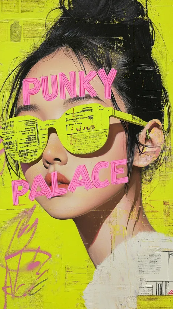 Here's a description of the image:

The artwork is a vibrant portrait of a young woman with a topknot hairstyle.  She wears oversized sunglasses whose lenses are collaged with yellowed documents, creating a textured, layered effect.  The words "Punky Palace" are superimposed in pink, three-dimensional lettering above and below her eyes.  The background is a bold, bright yellow, overlaid with fragments of documents and graffiti-style markings, contributing to a dynamic, urban aesthetic. The overall style is a blend of photorealistic portraiture and mixed-media collage, exhibiting a punk-inspired attitude.