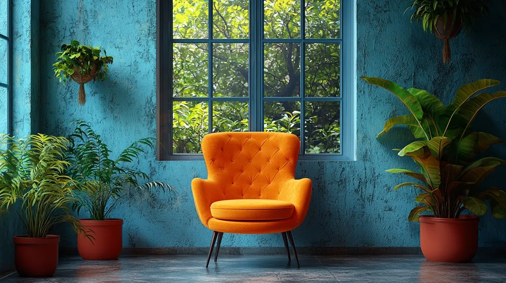 Here's a description of the image:

A vibrant orange armchair takes center stage against a teal textured wall.  Large potted plants flank the chair, adding a lush, tropical feel.  A large window behind the chair reveals a glimpse of verdant trees, letting in natural light. The overall style is modern and eclectic, with a focus on bold colors and natural elements.  The scene is peaceful and inviting, suggesting a relaxing space.