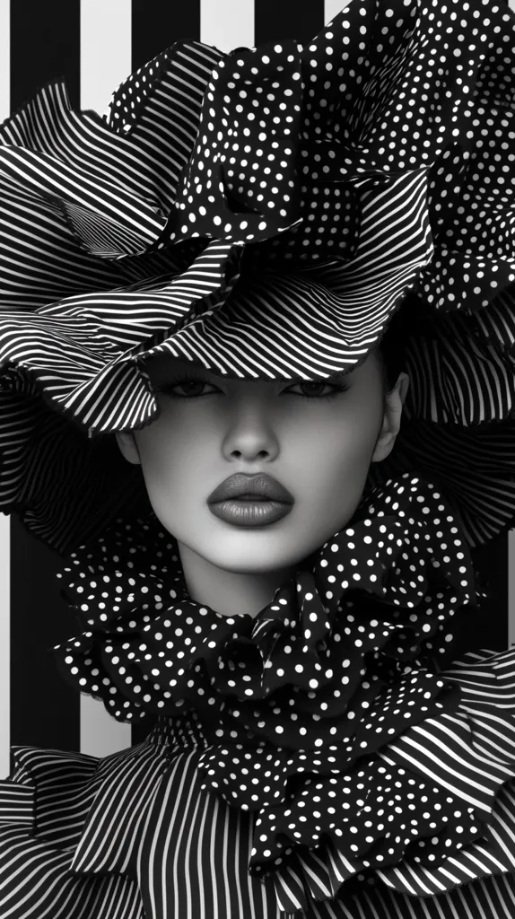 Here's a description of the image:

The black and white photograph showcases a woman's face partially obscured by an extravagant hat and collar.  The hat and collar are a dramatic composition of ruffled fabric in bold stripes and polka dots. The contrast between the patterns creates a striking visual effect. The woman's expression is serious, her lips full and her gaze directed at the viewer. The background features simple black and white vertical stripes, further emphasizing the graphic nature of the image. The overall aesthetic is one of high fashion and strong graphic design.