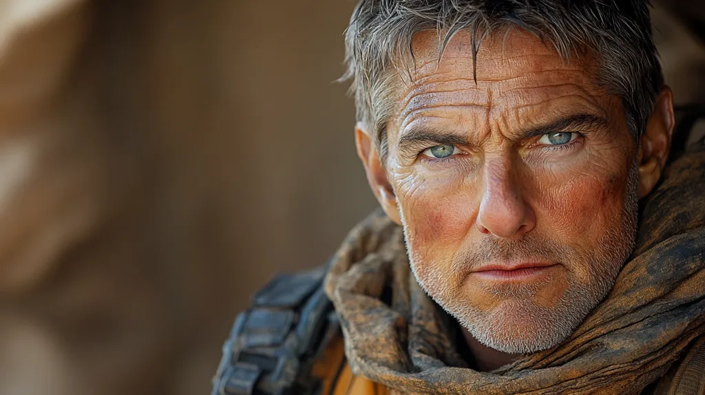 Close-up portrait of Tom Cruise, appearing weathered and rugged.  His face shows age and lines, accentuated by a dirt-stained, tan scarf wrapped around his neck.  His intense blue eyes stare directly at the viewer, conveying a sense of determination or weariness.  The background is blurred, focusing attention on his face and the texture of his clothing. The overall impression is one of a seasoned adventurer or action hero.