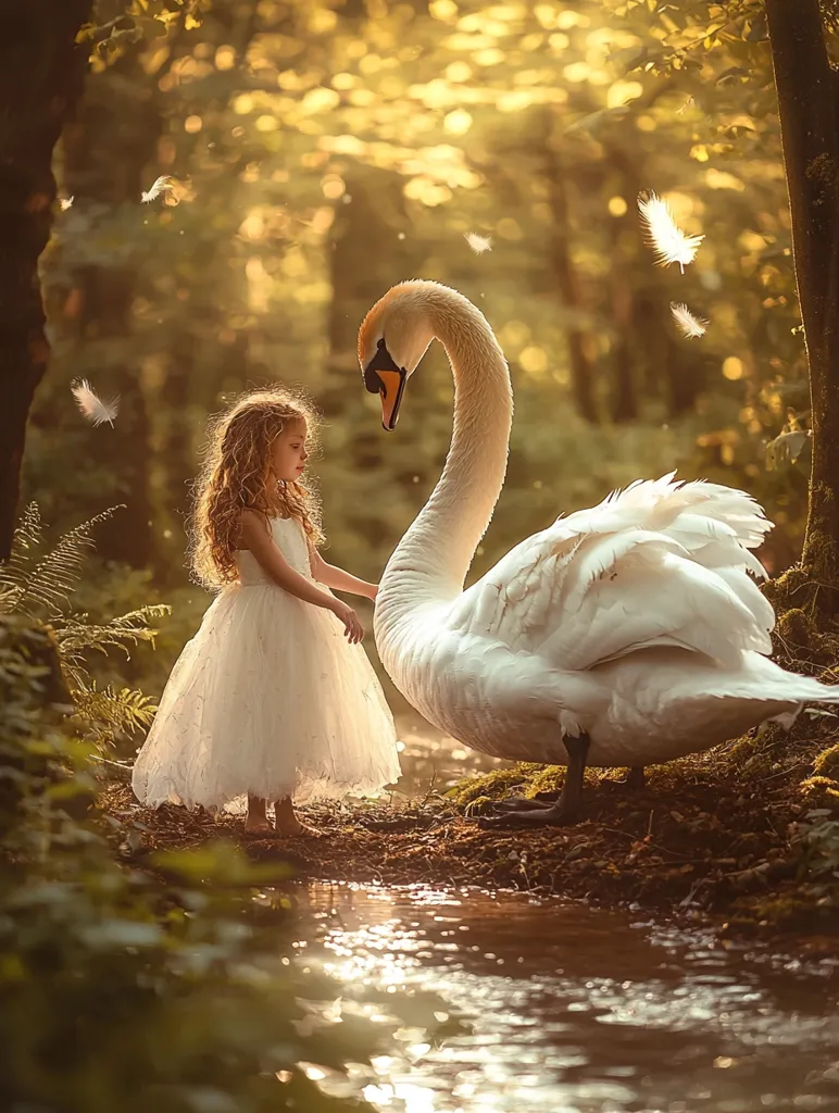 A young girl in a white dress stands by a stream in a sun-dappled forest, gently touching a majestic white swan.  White feathers drift through the air, adding to the ethereal atmosphere. The scene is idyllic and dreamlike, evoking a sense of childhood wonder and the magical connection between nature and humanity.  The warm light enhances the fairytale quality of the image.