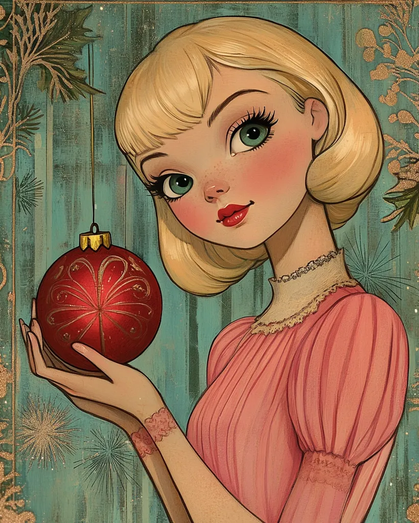 A stylized illustration depicts a young woman with blonde, bobbed hair, large eyes, and rosy cheeks. She's dressed in a pale pink dress with puffed sleeves and lace detailing at the collar and cuffs.  She delicately holds a large, red Christmas ornament adorned with a gold floral design. The background is a teal-toned textured surface with gold accents suggesting foliage and sparkling lights, creating a festive, vintage aesthetic. The overall style is reminiscent of mid-century illustration or vintage Christmas cards.