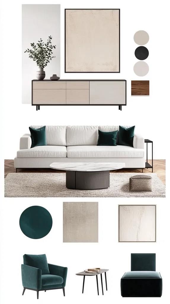 This image showcases a modern living room design concept.  A cream-colored sofa with teal cushions is the focal point, centered on a beige rug.  A marble-topped coffee table sits in front.  The accompanying mood board includes a beige and dark-toned color palette, textured fabrics, and a long, light-colored sideboard featuring black legs.  Smaller teal accent chairs and a side table complete the look, suggesting a sophisticated, minimalist aesthetic.