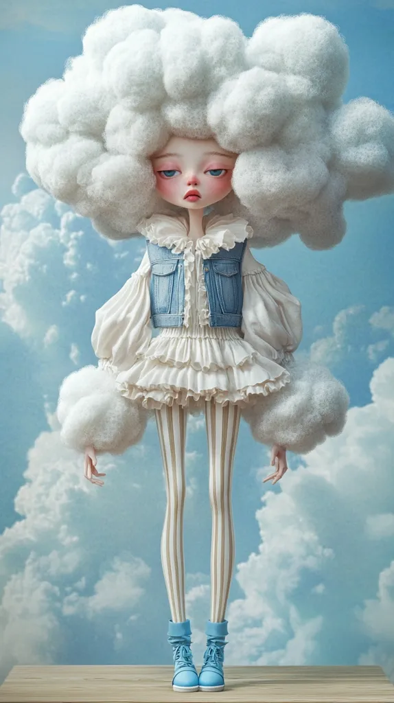 A whimsical 3D-rendered image depicts a doll-like figure with a large, fluffy cloud-like hairstyle.  She wears a denim vest over a white ruffled dress, striped tights, and light blue boots.  Her expression is slightly melancholic. The doll stands on a wooden surface against a backdrop of a serene, blue sky filled with fluffy white clouds, creating a surreal and dreamy atmosphere. The overall style is cute and slightly eerie.