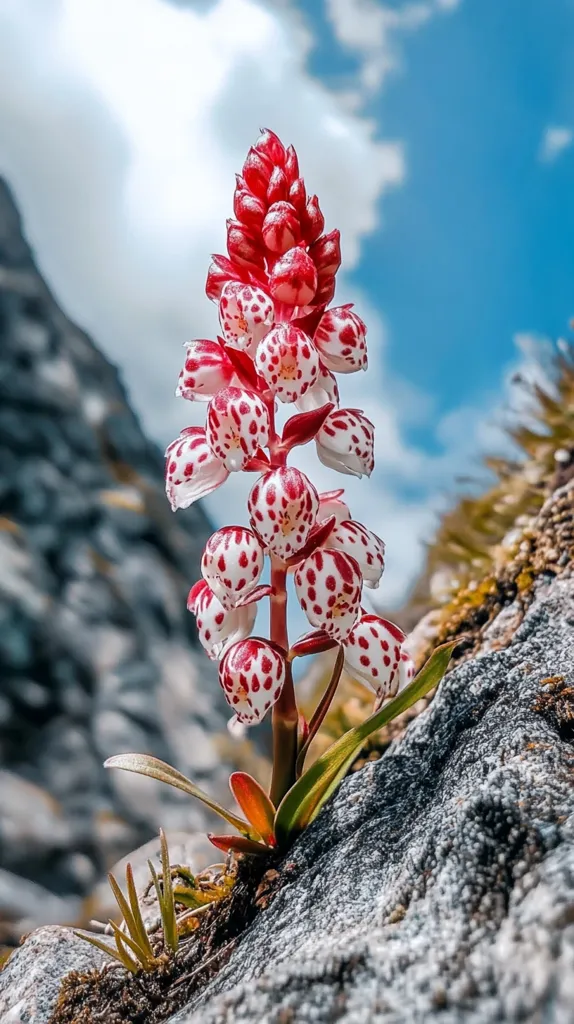 A vibrant red and white orchid, speckled with contrasting dots, blossoms from a rocky crevice.  The flower, tall and slender, is composed of numerous individual blooms clustered together.  Its vivid colors contrast beautifully with the muted grey of the rock and the bright blue sky visible in the background. The scene suggests a high-altitude, possibly mountainous location, with the orchid clinging tenaciously to life amidst a harsh but beautiful landscape.