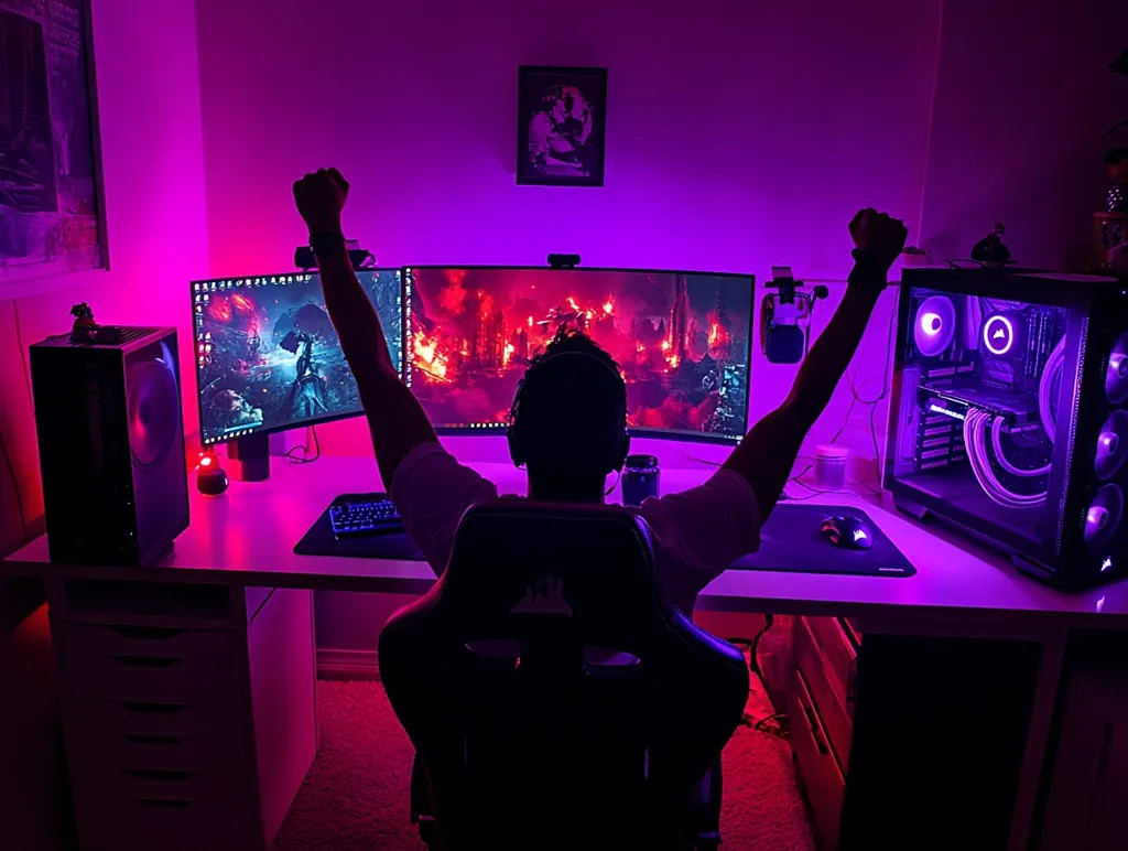 Here's a description of the image:

The image shows a gamer, silhouetted against vibrant purple and pink LED lighting, seated in a gaming chair at their desk. They've raised their arms in victory, celebrating a win on their triple-monitor setup. The monitors display a dramatic, fiery game scene.  A high-end PC tower with visible RGB lighting is prominently featured, along with a keyboard and mouse. The room's ambiance is immersive and clearly game-focused, reflecting a dedicated gaming space.