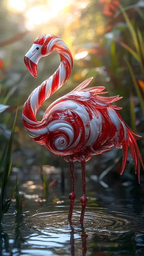 A striking image depicts a flamingo sculpted from what appears to be red and white candy cane glass.  The swirling patterns mimic the candy's design, creating a visually captivating effect. The flamingo stands elegantly in shallow water, its reflection subtly visible on the dark surface. The background is softly blurred, showcasing a lush, green natural environment bathed in warm, dappled sunlight. The overall impression is one of whimsical artistry and unexpected beauty.