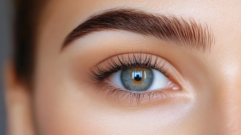 Close-up of a woman's eye, showcasing meticulously groomed eyebrows and long, dark eyelashes.  The eye is a striking blue-grey, with a visible reflection.  The skin appears smooth and flawless, with a natural, subtly enhanced makeup look. The overall impression is one of beauty and well-defined features.