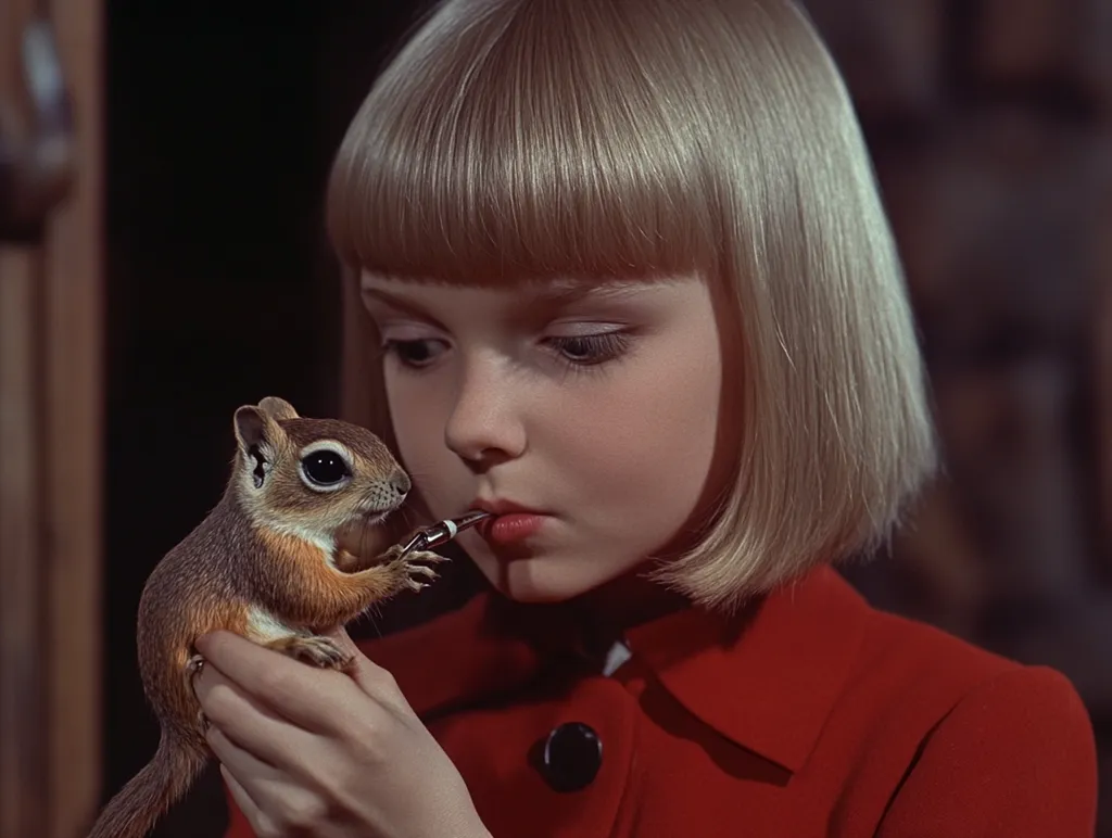 Close-up view of a young girl with blonde, blunt-cut bangs and a red coat.  She is gently holding a small chipmunk, which appears to be drinking from a tiny straw or tube she's holding. The girl's expression is soft and focused on the animal. The background is dark and blurry, drawing attention to the girl and the chipmunk. The overall image evokes a sense of gentleness and childhood innocence.