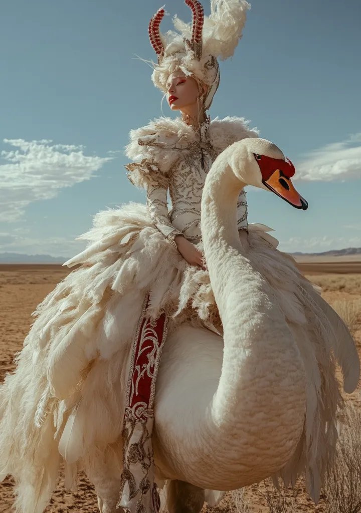 A striking image showcases a model adorned in an elaborate, white feathered gown and a dramatic headpiece with red horns.  The gown's intricate details are highlighted by metallic accents.  She sits majestically atop a large white swan, the pair standing out against a stark, desert landscape under a bright, clear sky. The overall aesthetic is ethereal and fantastical, hinting at a fairytale or mythical theme. The contrast between the soft feathers and the harsh desert creates a compelling visual narrative.