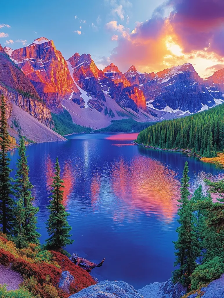 A breathtaking panorama unfolds at sunset, showcasing a serene lake nestled within a majestic mountain range. The vibrant hues of the sky, reflecting on the tranquil water, create a captivating scene.  The mountains, a mix of snow-capped peaks and reddish-orange slopes, rise dramatically from the lake's edge.  Evergreen trees line the shoreline, adding depth and contrast to the vivid colours of the twilight hour. The overall atmosphere is one of peaceful, awe-inspiring beauty.