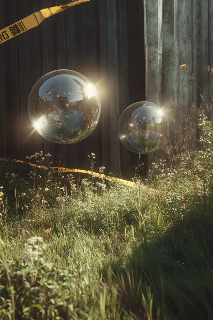 Here's a description of the image:

The image depicts two large, transparent spheres hovering over a field of wildflowers and tall grasses.  The spheres, seemingly made of glass, reflect the surroundings, including a weathered, grey wall and a section of yellow caution tape in the background. Sunlight streams through the spheres, creating lens flares. The overall mood is serene yet slightly mysterious, with the contrast between the futuristic-looking spheres and the natural, overgrown setting creating a captivating juxtaposition. The scene is bathed in a warm, golden light.