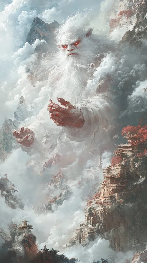 A colossal, white-haired, ape-like figure dominates a misty mountain landscape.  His crimson eyes and hands contrast sharply with his snowy form. He appears benevolent yet powerful, his outstretched hands suggesting a gesture of either blessing or warning. Below, ancient-looking temples and structures cling precariously to the cliffs, dwarfed by the immense being above. The scene evokes a sense of awe and wonder, hinting at a mythical or legendary setting. The painting blends realism with fantasy, creating a dramatic and evocative image.