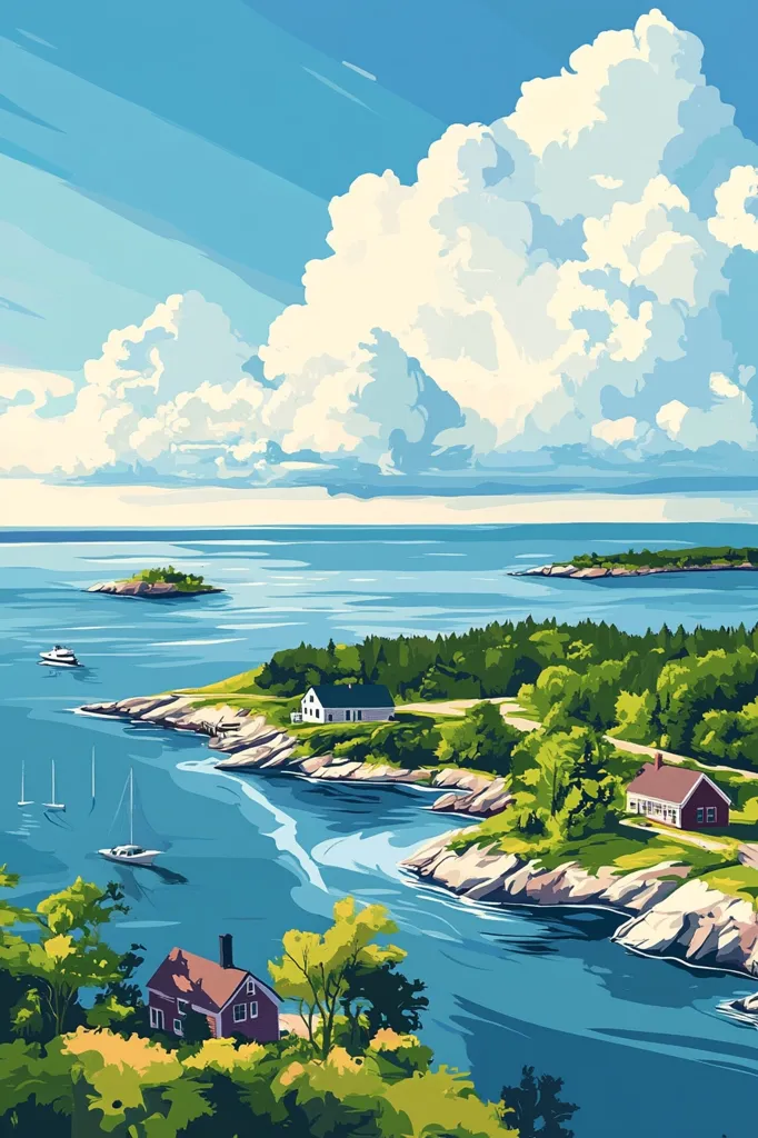 A picturesque coastal scene unfolds under a vibrant blue sky dotted with fluffy white clouds.  The tranquil blue water winds through a rocky coastline, where verdant, tree-lined shores meet charming houses.  Several sailboats dot the water, adding to the peaceful ambiance.  The style suggests a nostalgic, possibly vintage, portrayal of idyllic seaside life.  The overall impression is one of calm and serenity.