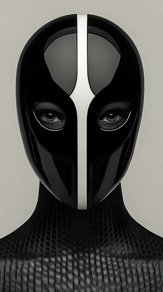 Here's a description of the image:

Close-up view of a person wearing a sleek, black helmet with a prominent, vertical white stripe down the center. The helmet is highly polished and reflects light, giving it a glossy appearance. The eyes are visible through narrow slits in the mask, adding to the mysterious and somewhat futuristic feel. The person's neck and upper torso are clad in black textured fabric resembling reptile skin. The background is a muted gray, allowing the stark contrast of black and white in the helmet to be the focal point. The overall aesthetic is minimalist, modern, and suggestive of science fiction or cyberpunk themes.