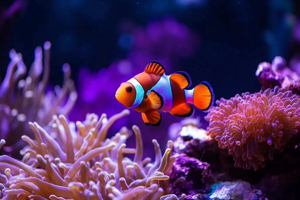 A vibrant orange and white ocellaris clownfish swims gracefully amidst a coral reef.  The fish is sharply in focus, contrasting against the soft, purple-hued background.  Delicate, pale pink and purple sea anemones surround the fish, creating a picturesque underwater scene. The image's color palette is rich and saturated, showcasing the beauty of a thriving coral reef ecosystem.