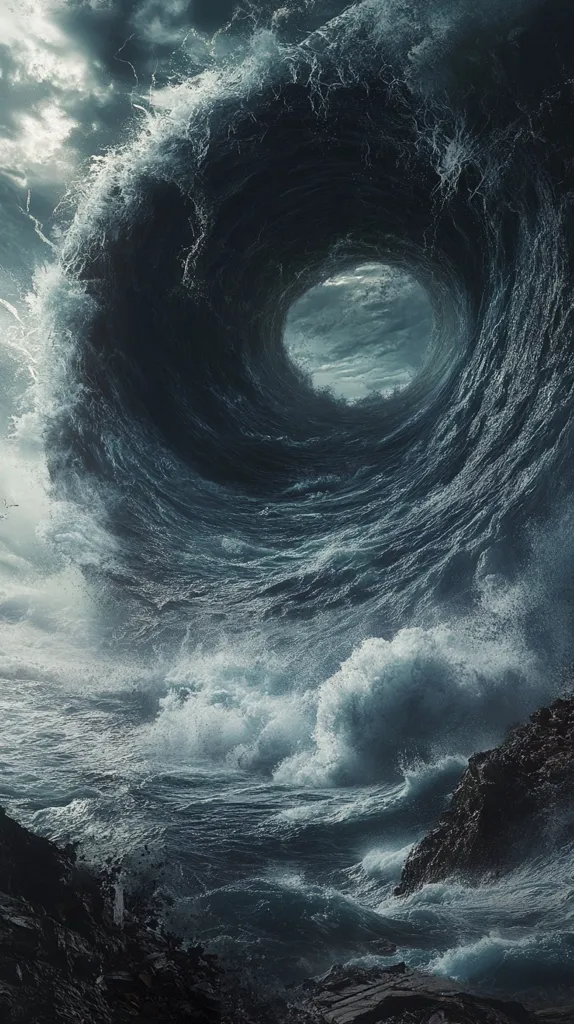 A dramatic image depicts a colossal, swirling wave forming a dark, almost tunnel-like vortex.  The wave's immense scale dwarfs the rocky shoreline in the foreground, where turbulent waves crash against the cliffs.  Dark, stormy clouds overhead enhance the ominous atmosphere.  The central void of the wave offers a glimpse of a calmer sky, creating a striking contrast between the chaotic ocean and a hint of serenity beyond. The overall impression is one of powerful, almost apocalyptic nature.