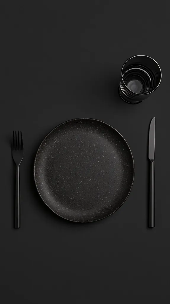 A minimalist overhead shot showcases a dark gray place setting against a black background.  A black speckled plate is centered, flanked by a fork and knife, both matte black. Above the plate, a black, cylindrical glass sits slightly off-center. The overall aesthetic is dark, sophisticated, and simple.  The image suggests a quiet, elegant dining experience.