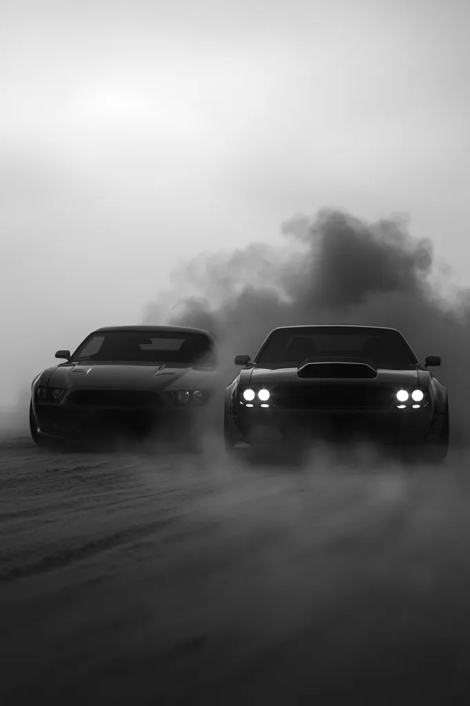 Here's a description of the image:

The black and white image depicts two sleek, muscle cars speeding through a hazy, smoky landscape.  The lead car, a classic-style coupe with prominent headlights, is partially obscured by smoke billowing from its tires.  Slightly behind and to the left, a modern muscle car is visible, also leaving a trail of smoke.  The overall atmosphere is dramatic and suggests a high-speed chase or race, the monochrome palette heightening the sense of intensity and mystery.  The background is a featureless, pale sky, drawing focus to the powerful cars and the cloud of smoke.