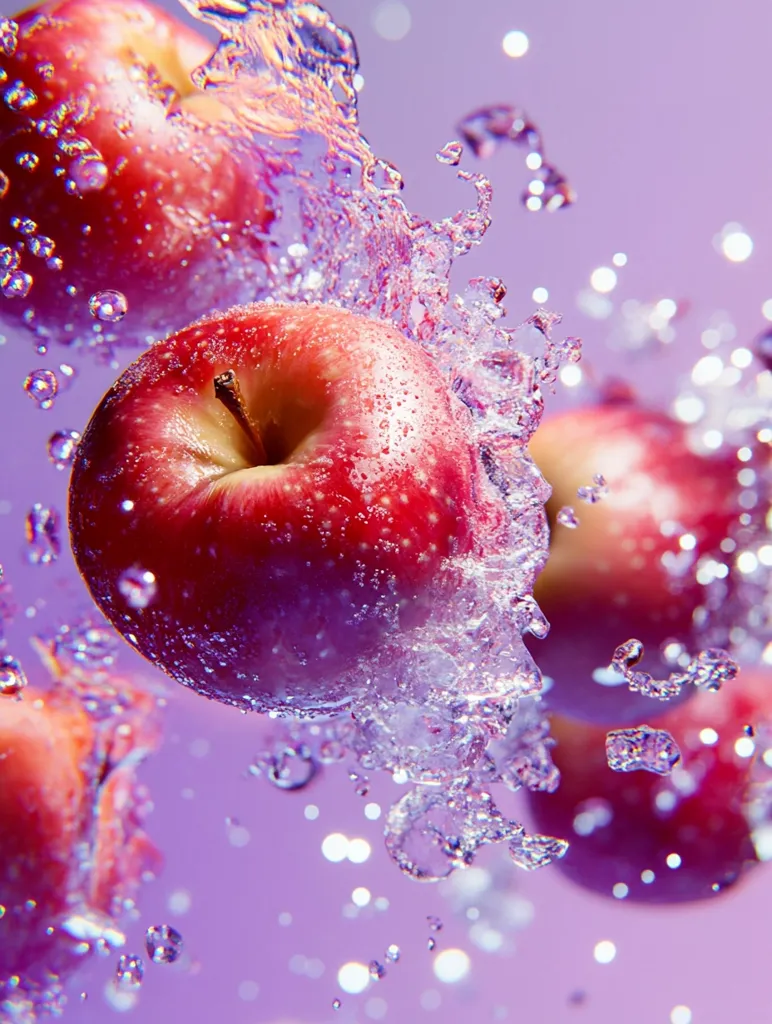 Here's a description of the image:

The photograph is a vibrant close-up of several red apples submerged in water against a purple background.  Water splashes surround the apples, creating a dynamic and refreshing visual.  The apples appear juicy and glistening, with water droplets clinging to their surfaces. The background is softly blurred, emphasizing the apples and the water's movement. The overall effect is bright, lively, and suggestive of freshness and cleanliness.