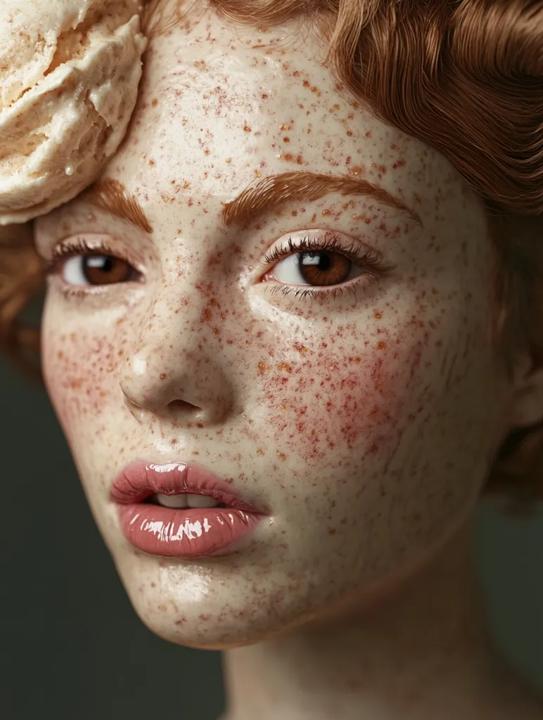 Close-up of a young woman with many freckles and styled auburn hair. A scoop of ice cream rests on her head.  Her skin has a glossy finish, and her expression is soft and neutral.  The image is sharply focused, highlighting the texture of her skin and hair, creating a striking contrast with the smooth, creamy ice cream.  The overall aesthetic is artistic and slightly surreal.