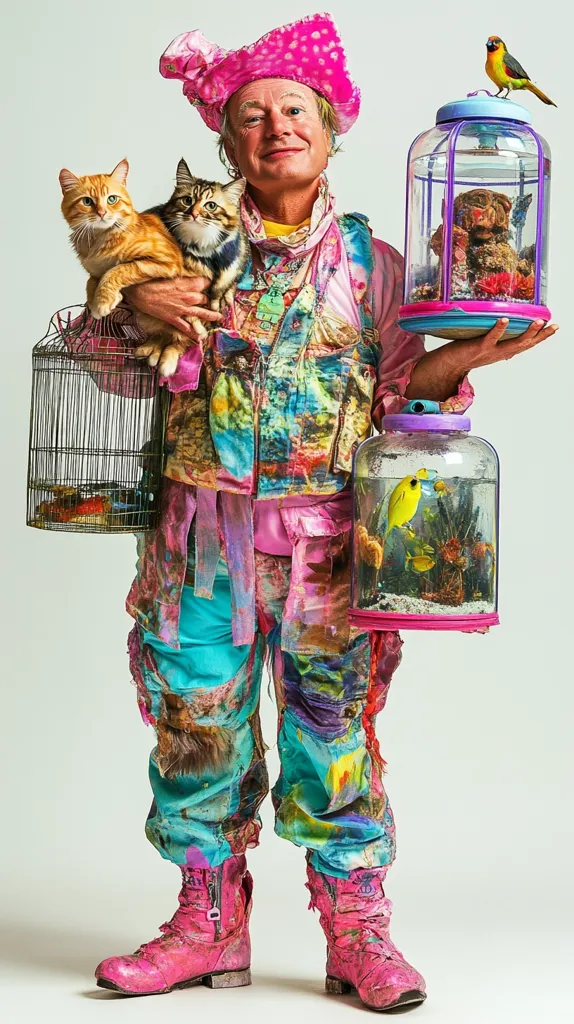A person in vibrant, paint-splattered clothing and a pink hat holds two cats and carries three containers: a birdcage with a goldfish, a terrarium with a stuffed animal, and a fishbowl with small fish.  The colorful attire is mismatched and eclectic, reflecting a playful, possibly artistic, personality.  A small yellow bird perches on top of the terrarium. The overall image is whimsical and eye-catching.