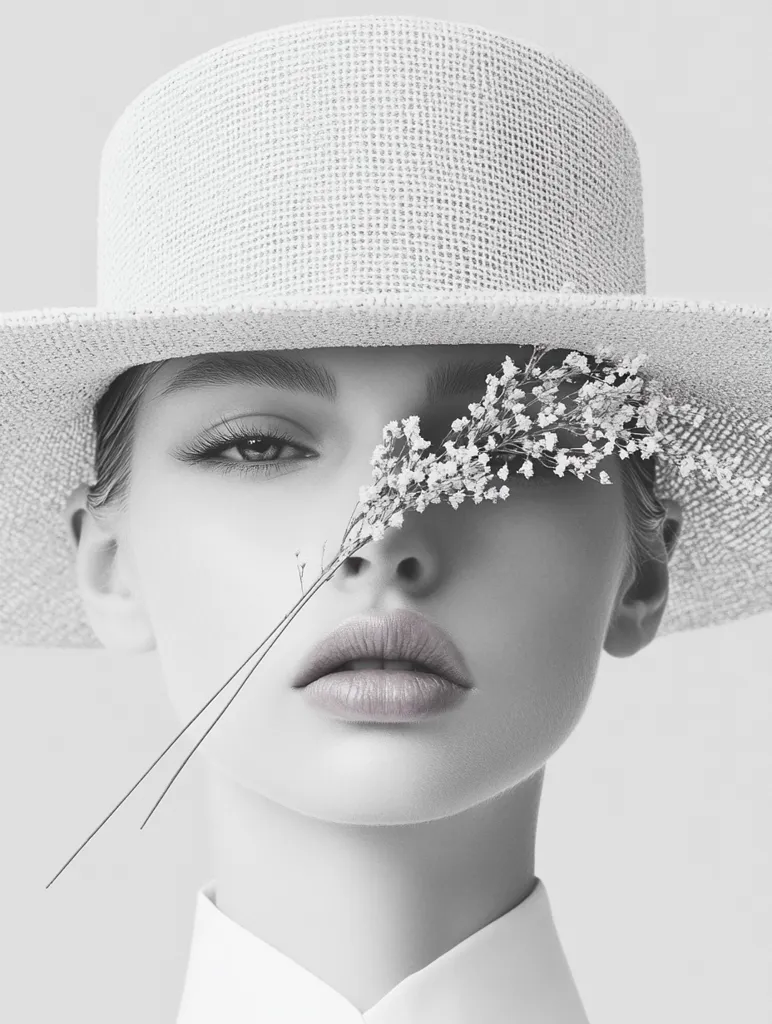 Here's a description of the image:

The black and white photograph features a woman's face, partially obscured by a wide-brimmed straw hat and a delicate sprig of small white flowers.  The flowers rest across her nose and partially conceal her eye.  Her expression is serene, her lips full and softly parted.  She wears a crisp white collared shirt, the fabric smooth against her skin.  The overall aesthetic is minimalist and elegant, emphasizing soft lines and subtle contrasts. The image evokes a sense of calm and understated beauty.