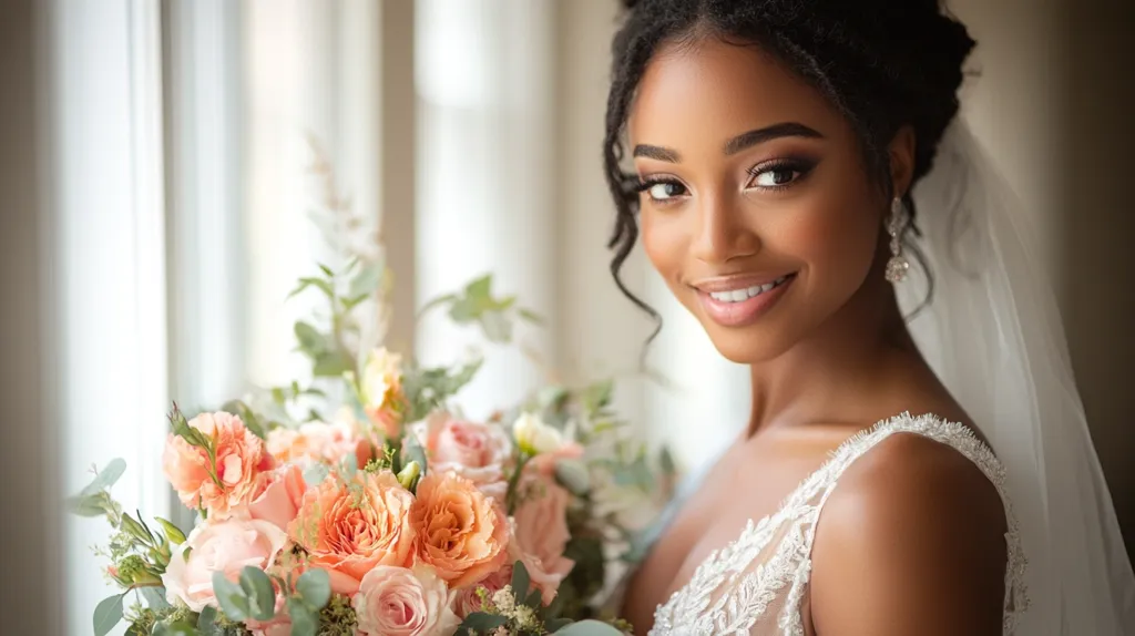 A radiant Black bride, adorned in a delicate lace wedding gown and veil, smiles warmly.  She holds a beautiful bouquet of peach and blush roses and greenery.  Natural light streams in from a window behind her, illuminating her flawless makeup and joyful expression. The overall image is one of elegance and happiness.