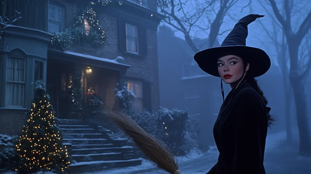 A stylish witch, clad in black with a pointed hat, stands on a snow-covered street before a festively decorated house.  Christmas lights illuminate the home, contrasting with the witch's dark attire.  A broom rests beside her, suggesting an impending flight. The overall ambiance is moody and atmospheric, blending Christmas cheer with a touch of dark magic.  The scene is set in a quiet, snow-dusted neighborhood under a twilight sky.